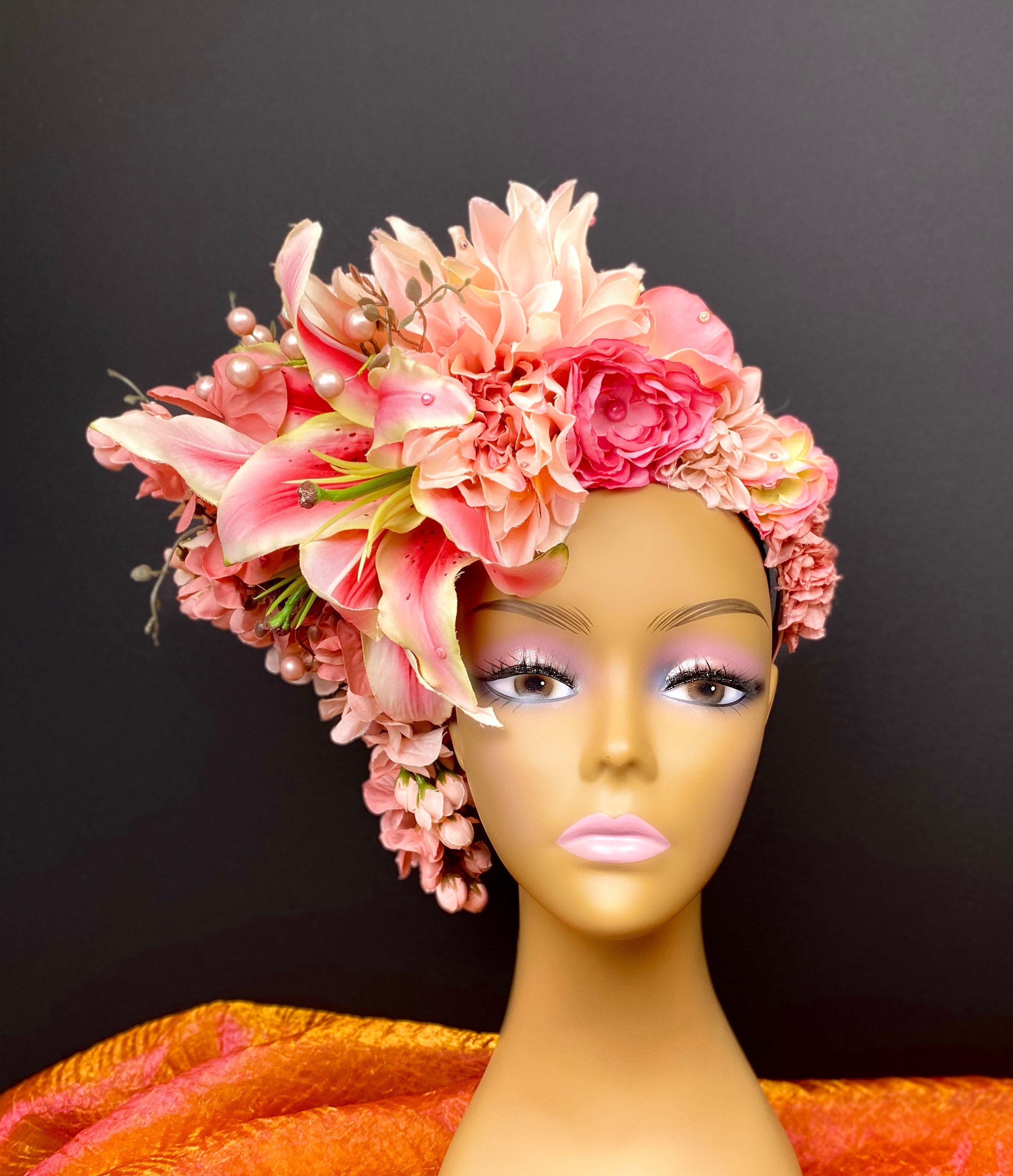 Large Pink Flower Headdress, Lily Flower Crown, Rose Crown, Flower
