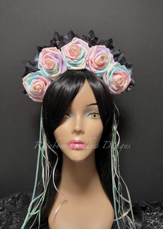 Pastel Rose Flower Crown: Black Glitter Leaves, Fairy Halloween Headpiece