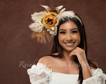 Sunflower Iris Feather Headdress: Floral Goddess Halo Crown  display picture 3