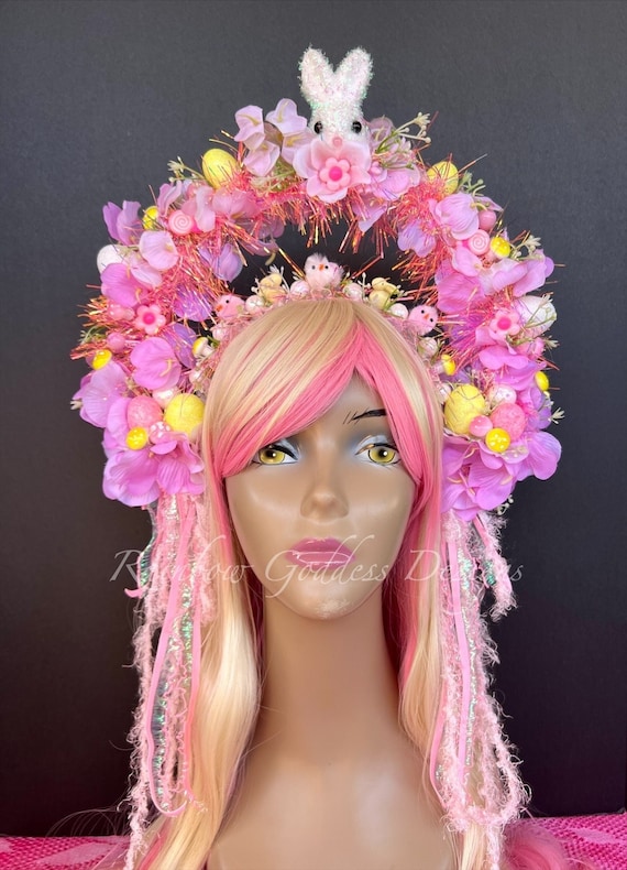 Pink & Yellow Easter Bunny Crown, Spring Flower Crown, Easter Egg Crown, Easter Basket Floral Headpiece, Springtime Elevated Halo Headdress