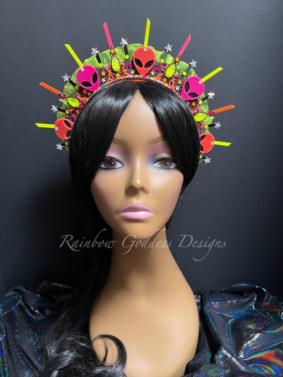 Neon Alien Crowns, Blacklight Rave Headband, Extraterrestrial Headpiece, Sci Fi Costume, Festival Accessory, EDC Burning Man Cosplay Tiara
