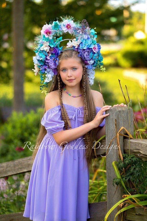 Lavender Torquoise Flower Headdress, Purple Fairy Crown, Pink Flower Headband, Goddess Floral Crown, Wedding Headpiece, Festival Crown