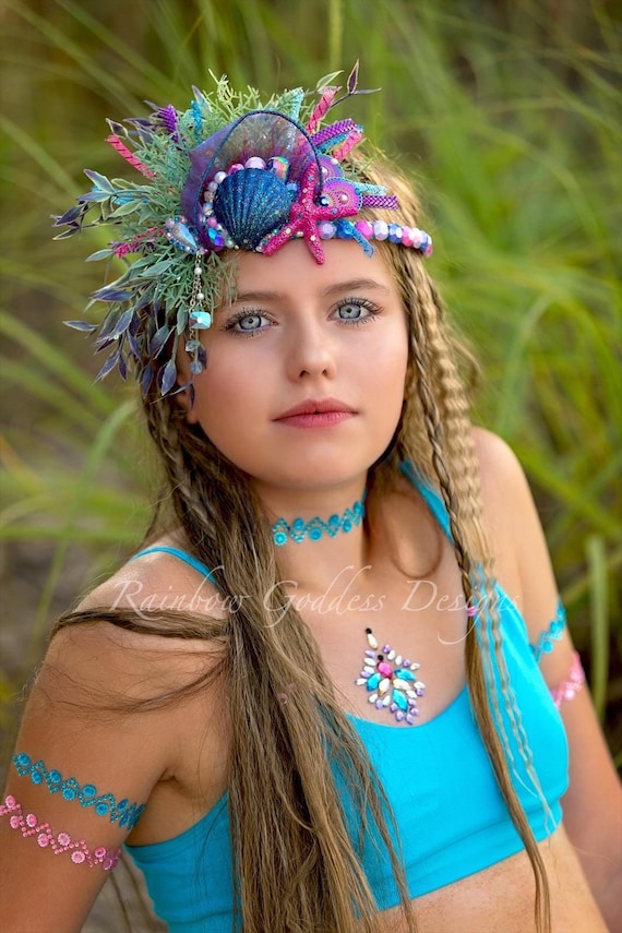 Colorful Mermaid Tiaras, Asymmetrical Sea Goddess Headpieces, Siren Mermaid Festival Headbands, Sea Shell Crowns, Little Mermaid Costume