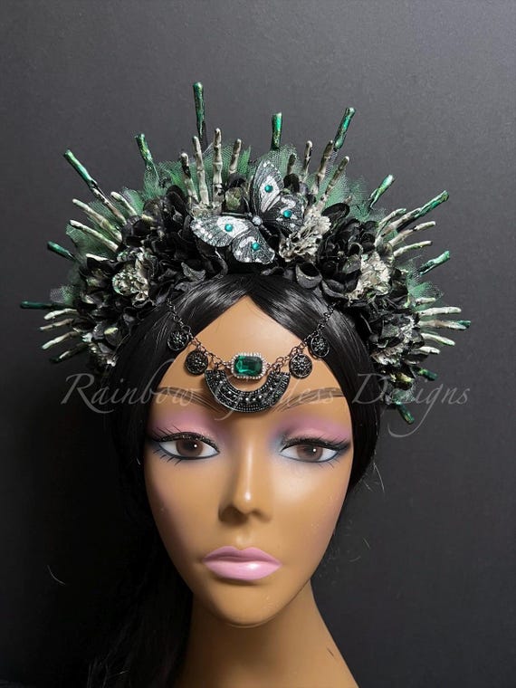 Skeleton Hand Halo Crown, Death Moth Flower Crown, Black and Green Gothic Headpiece, Spiked Halloween Headdress