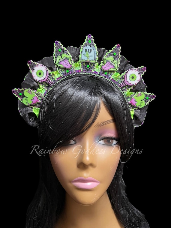 Neon Green & Purple Zombie Crown, Halloween Horror Movie Headpiece, Blacklight Rave Headband, Zombie Costume, Gothic Festival Tiara, EDC