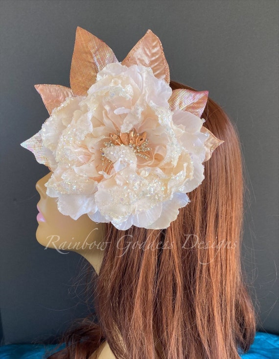 Peach Rose Gold Flower Hair Clip, Flower Fascinator, Flower Headpiece, Flower Hair Clip, Elegant Hair Accessories, Wedding, New Years Clip
