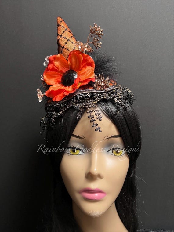 Mini Fall Witch Hat Headband: Floral Lace, Feather & Rhinestone