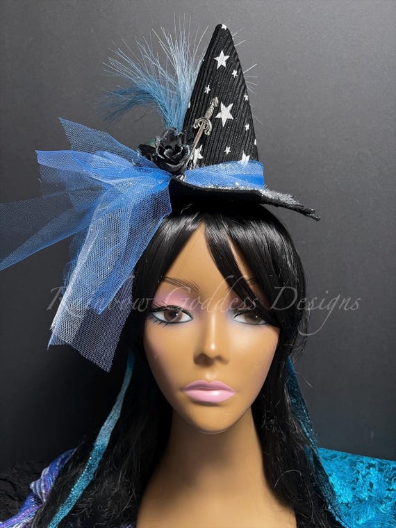 Black Blue Wizard Witch Hat Headband, Gothic Fantasy Halloween Costume Accessory