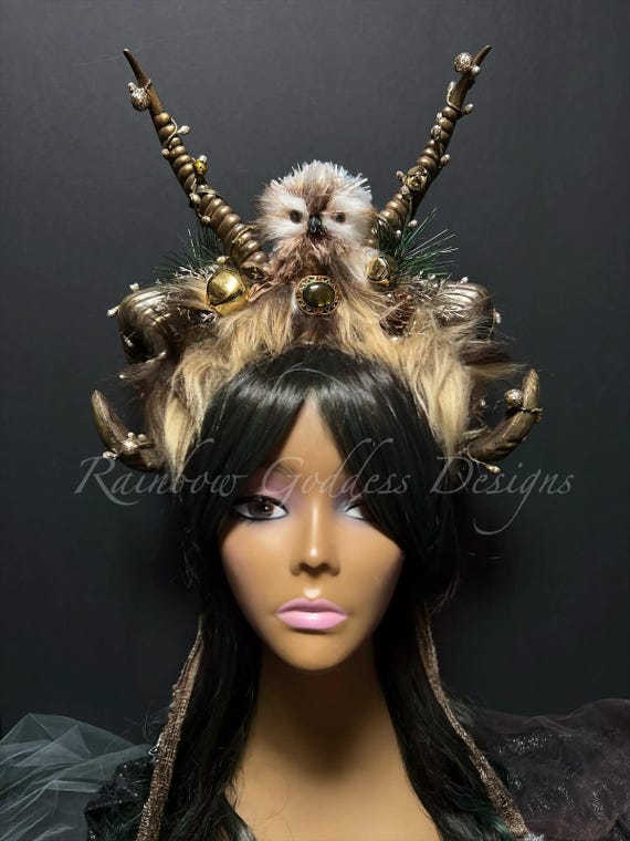 Woodland Owl Horned Headpiece, Forest Spirit Headdress, Fantasy Antler Headband