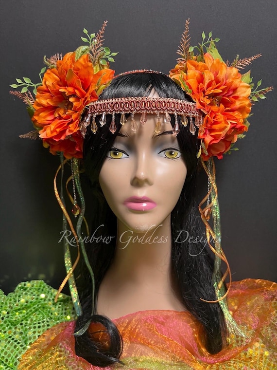 Autumn Fairy Flower Headband – Orange & Green Fall Festival Forest Crown