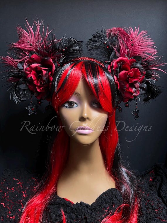 Celestial Gothic Red Black Rose Crown, Feather Halloween Headpiece, Witch Vampire Cosplay Headband