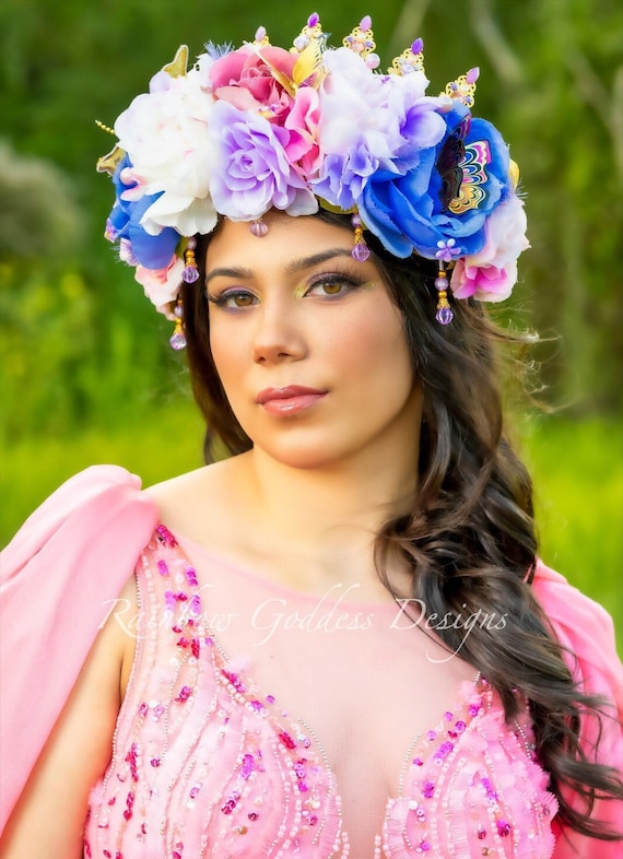 Lavender Flower Headdress, Purple Fairy Crown, Pink Flower Headband, Butterfly Goddess Floral Crown, Wedding Headpiece, Fairy Queen Crown