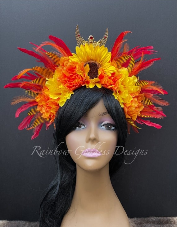 Orange, Yellow & Red Feather Headdress, Rustic Fall Wedding Sunflower Crown, Harvest Fairy Crown, Phoenix Headpiece, Fiery Sun Goddess Crown