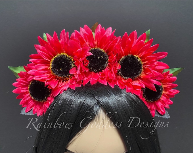 Pink Sunflower Crown, Floral Crown, Flower Crown Headband, Flower Head Wreath, Floral Headpiece, Festival, Day of the Dead, Fall, Autumn