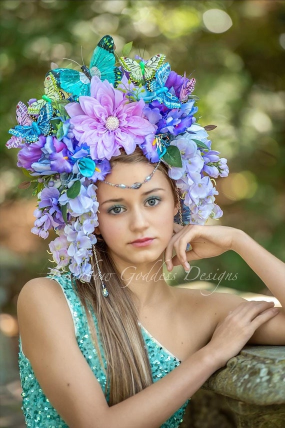 Butterfly Flower Headdress, Spring Fairy Crown, Fantasy Flower Headband, Floral Goddess Garden Crown, Wedding Headpiece, Photoshoot Crown