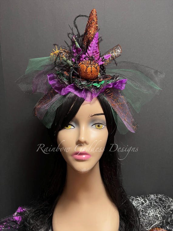 Halloween Mini Witch Hat Headband: Glittery Orange, Purple, Green & Black