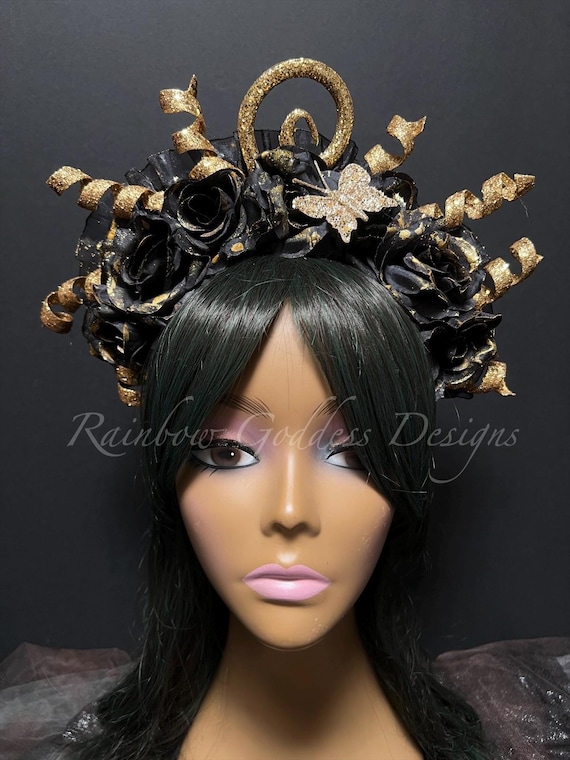 Gothic Black Rose Butterfly Crown, Black Gold Headpiece, Mardi Gras Crown, Día de los Muertos Headdress