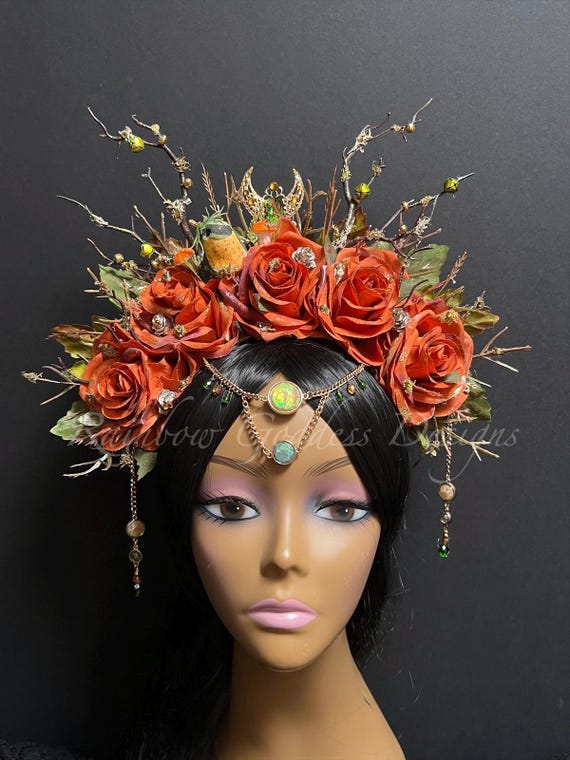 Handmade Autumn Fairy Crown, Woodland Fantasy Headpiece with Antlers, Mushrooms, Frog (One-of-a-Kind)