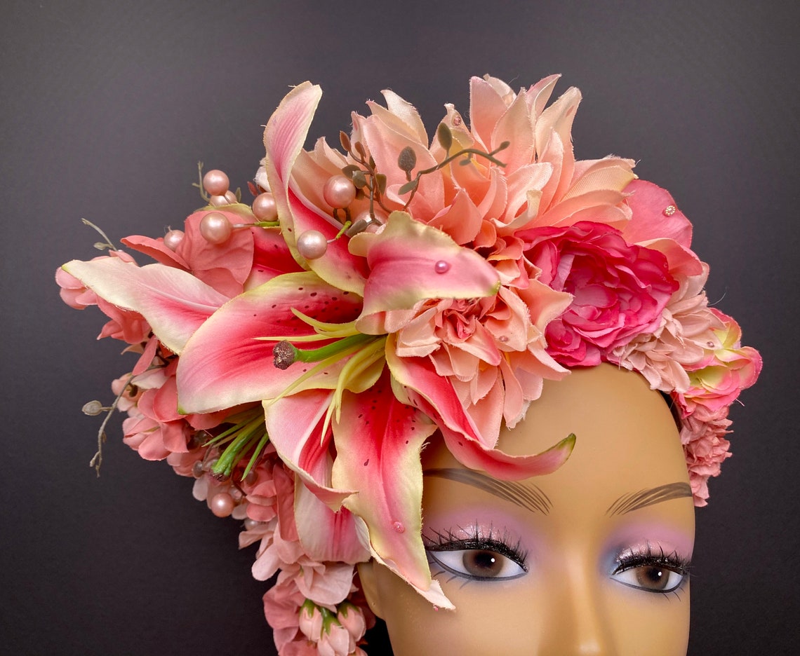 Large Pink Flower Headdress Lily Flower Crown Rose Crown Etsy