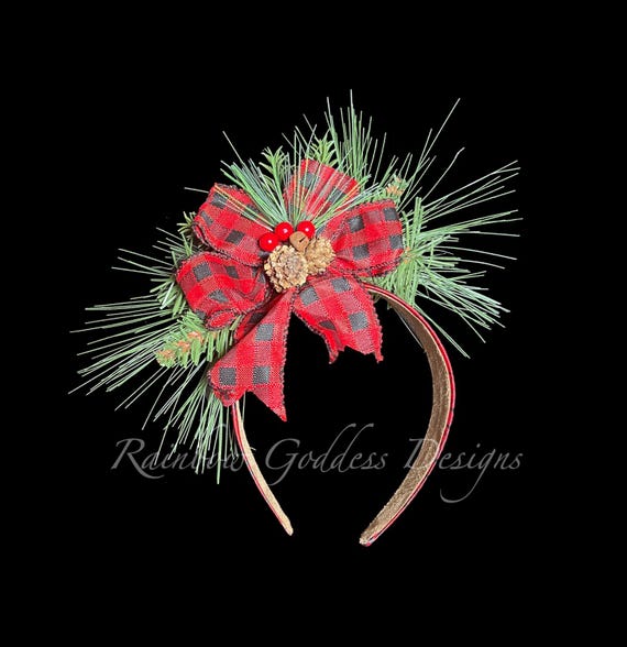 Rustic Christmas Bow Headband, Red Green Christmas Headpiece, Holiday Headband, Holiday Photo Prop, Ugly Christmas Sweater Party Accessory