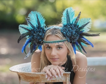 Blue Feather Headdress, Flower Fairy Crown, Feathered Goddess Headpiece, Winter Fairy Headband, Festival Headdress, Mardi Gras Winged Crown