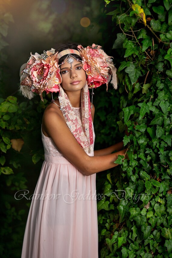 Peach Goddess Headdress, Flower Headdress, Fairy Crown, Floral Headpiece, Fantasy Crown, Butterfly Headdress, Feather Headdress