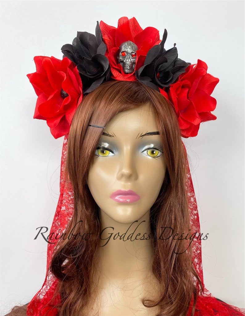 Flower Crown Rose Skull Crown Veiled Headband Flower Head Etsy