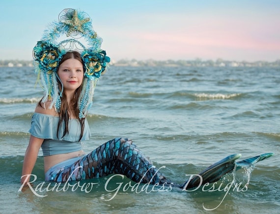 Teal & Gold Iridescent Mermaid Crown, Mermaid Flower Headdress, Starfish Seashell Tiara, Sea Witch Mermaid Halo Crown, Beach Goddess Wedding