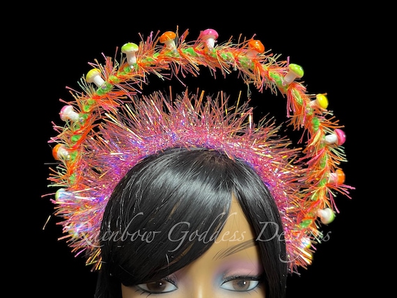 Neon Green Pink Yellow & Orange Mushroom Halo Crown, Blacklight Rave Headband, Iridescent Festival Headpiece, Colorful Neon EDC Tiara