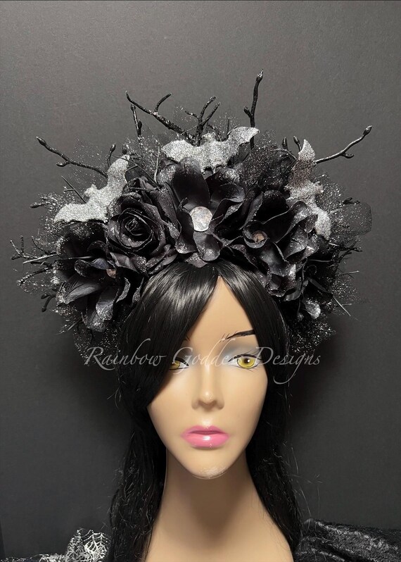 Glittery Black & Silver Bat Branch Rose Crown: Witchy Gothic Halloween Headpiece, Spooky Festival Costume
