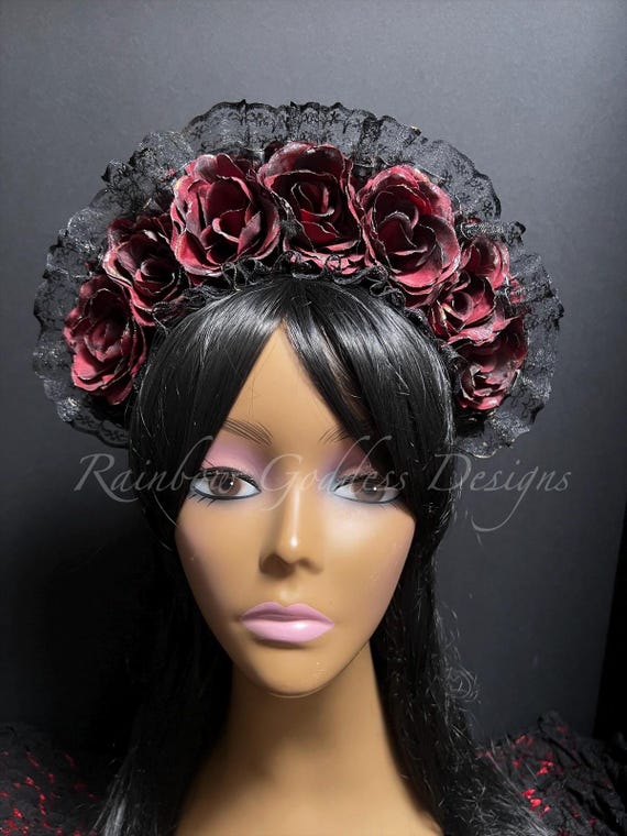 Gothic Burgundy Rose Crown, Dark Red Flower Crown, Black Lace Headpiece