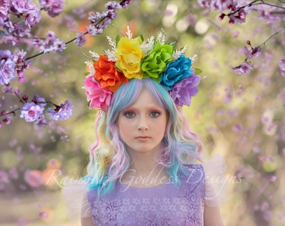 Rainbow Flower Headband, Fairy Flower Crown, Rainbow Headdress, Rainbow Rose Crown, Rainbow Pride, LGBTQA+ Floral Crown, Festival Headpiece