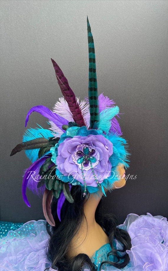 Purple & Teal Feather Fascinator, One Sided Flower Headband, Feather Headpiece, Flapper Headpiece, Roaring 20s, New Years Headband