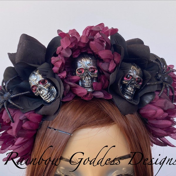 Rose Skull Crowns, Day of the Dead Flower Crown, Día de los Muertos Headdress, Veiled Headdress, Skull Headband, Magenta & Black Rose Crown