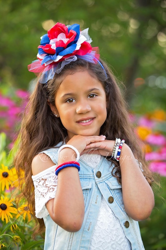 4th of July Flower Headband, Americana Rose Tulle Crown, Red White Blue Kids Headpiece