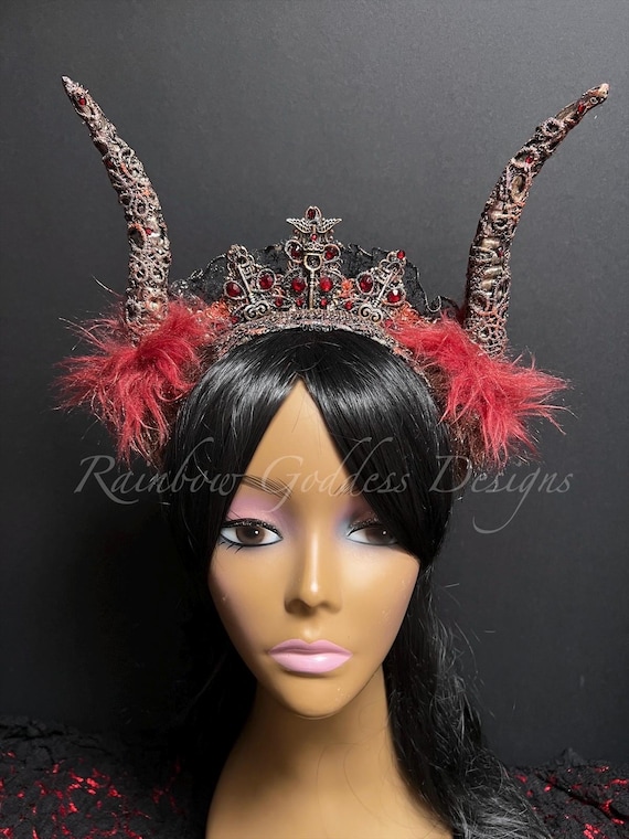 Handcrafted Steampunk Horn Headpiece, Burgundy Faux Fur, Gothic Victorian Accessory
