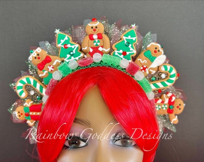 Gingerbread Wonderland Headdress, Christmas Headband, Candy Cane Holiday Headband, Photo Prop, Ugly Sweater Party, Gingerbread Crown