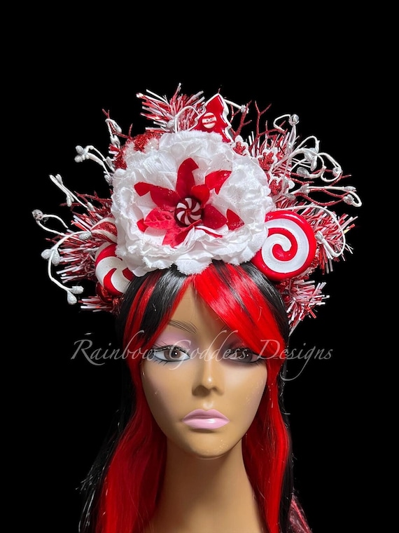 Red and White Peppermint Fairy Headdress, Christmas Festive Headpiece, Whoville Dr Seuss Holiday Crown, Ugly/Tacky Sweater Party Headband