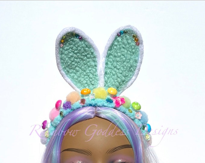 Bunny Ear Headband, Easter Bunny Headband, Pastel Rainbow Crown, Mushroom Headband, Easter Hairpiece, Spring Headband, Costume Headband