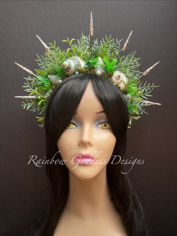 Green Spiked Mermaid Crown, Mermaid Headband, Mermaid Headdress, Shell Crown, Mermaid Costume, Seashell Wedding Tiara, Sea Garden Crown