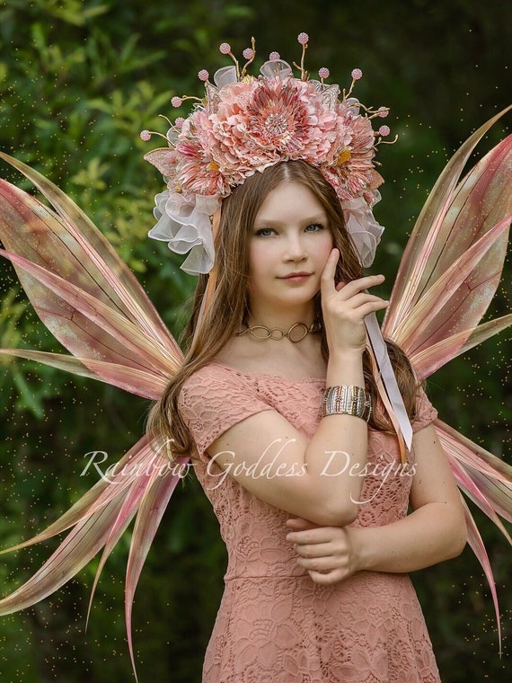 Peach Fairy Goddess Headdress, Butterfly Flower Fairy Crown, Floral Fantasy Headpiece, Butterfly Wing Headdress, Glittery Pink Pixie Crown