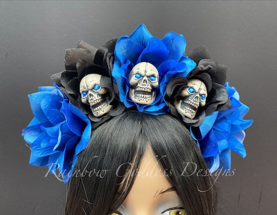 Black & Blue Rose Skull Crown, Halloween Headband, Floral Headpiece, Floral Crown, Day of the Dead Flower Crown, Frida Kahlo headdress