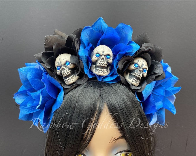 Black & Blue Rose Skull Crown, Halloween Headband, Floral Headpiece, Floral Crown, Day of the Dead Flower Crown, Frida Kahlo headdress