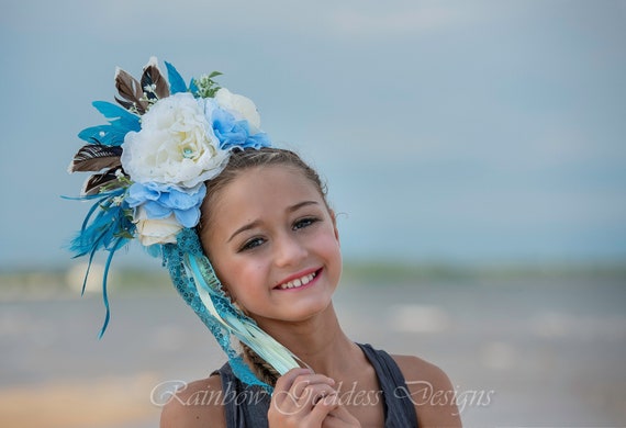 Blue Floral Headband with Feathers Blue Flower Headband, Feather Floral Crown, Bohemian Headdress main image 4