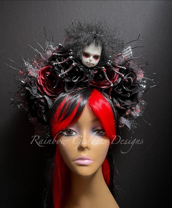 Gothic Spider Doll Headpiece, Black Burgundy Roses, Halloween Cosplay Crown