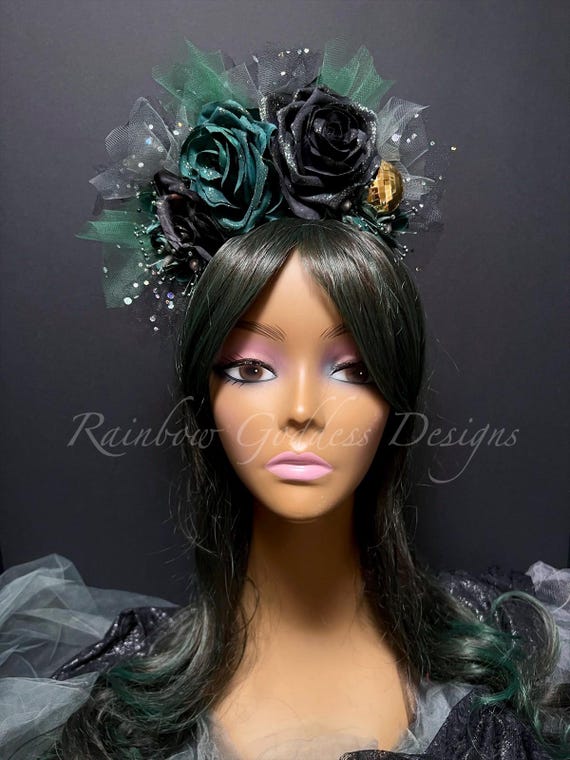 Goth Glam Black Dark Green Rose Headband, Gold Disco Ball, Asymmetrical Floral Headpiece
