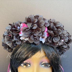 Black & Pink Flower Crown, Floral Headpiece, Flower Headband, Day of the Dead, Halloween Headband, Gothic Bridal Crown, Photo Prop Crown