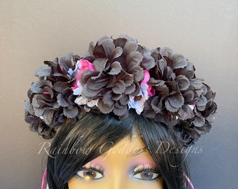 Black & Pink Flower Crown, Gothic Halloween Headband