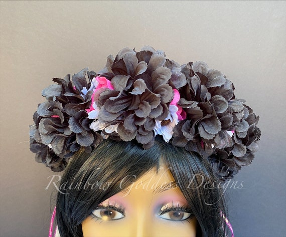 Black & Pink Flower Crown, Floral Headpiece, Flower Headband, Day of the Dead, Halloween Headband, Gothic Bridal Crown, Photo Prop Crown