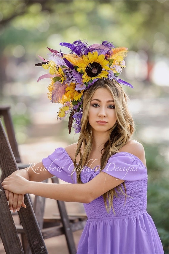 Sunflower and Iris Feather Headdress, Flower Headband, Floral Goddess Garden Halo Crown, Festival Wear, Cottagecore, Carnival-Mardi Gras